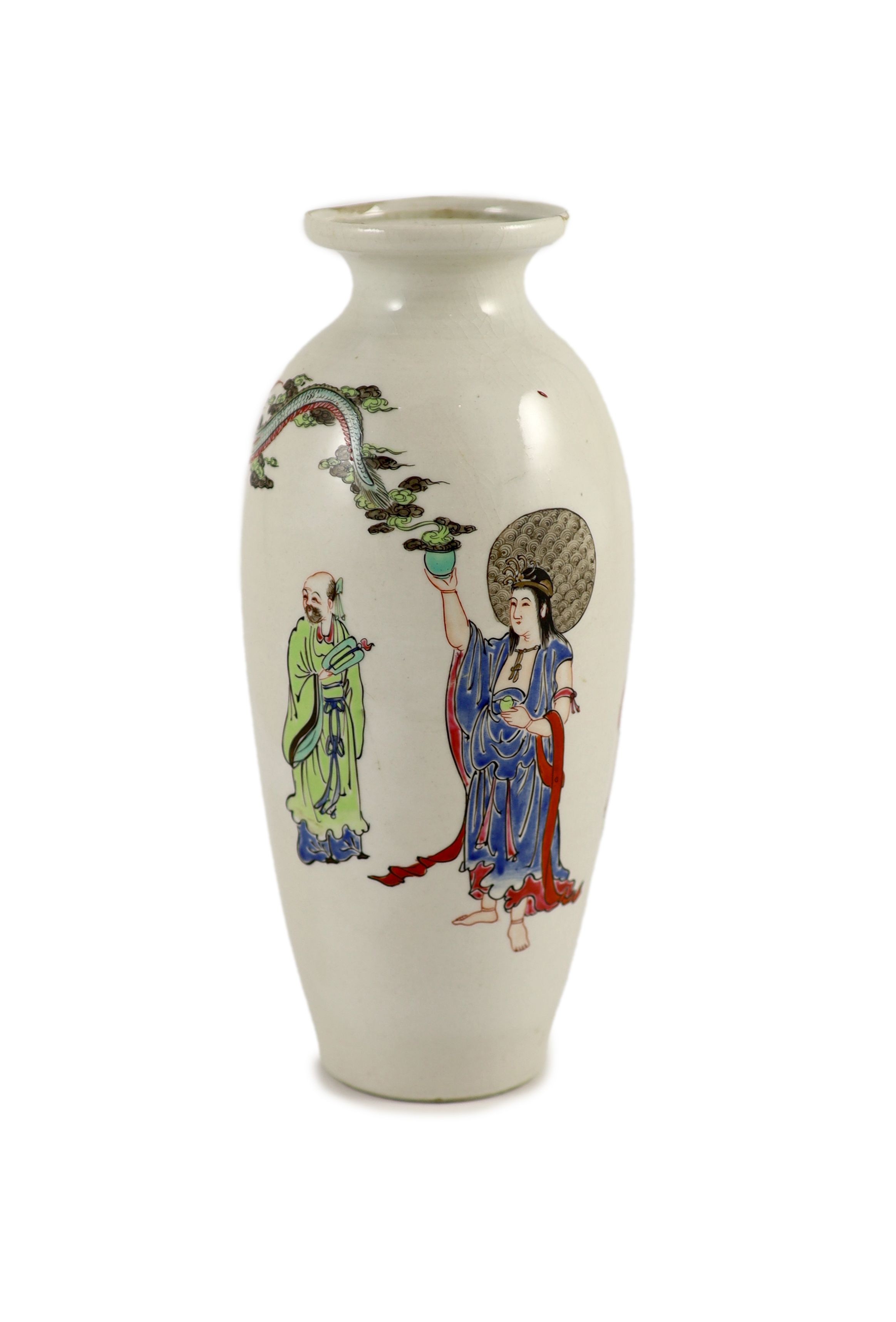 An unusual Worcester polychrome enamelled vase, c.1755-60, 24cm high, cracked, rim faults